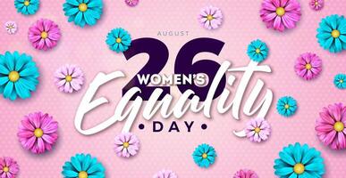 Women's Equality Day Design with Colorful Flower and Typography Lettering on Pink Background. August 26 National Feminine Holiday in United States. USA Celebration Template for Flyer, Banner vector