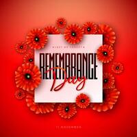 Remembrance Day Banner Design with Red Poppy Flower and Lest we Forget Typography Lettering in Red Background. November 11 International Memorial Day to Honour Armed Forces Member for Anzac vector