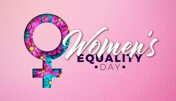 Women's Equality Day Banner Design with Colorful Flower in Femine Symbol and Typography Lettering on Pink Background. August 26 National Feminine Holiday in United States. USA Celebration Template for vector