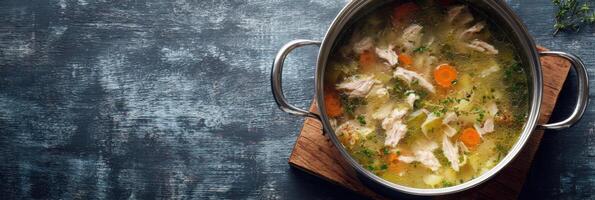 Warm Chicken Soup Simmering Gently on a Kitchen Counter With Fresh Vegetables and Herbs in a Cozy Home Setting photo