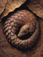 Pangolin Curled Beneath a Leaf on a Soft Earthy Background in a Natural Setting photo