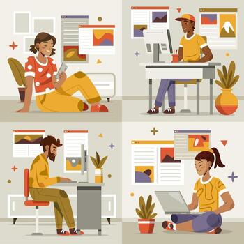 Blogger Hand Drawn Flat Compositions Set vector