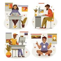 Blogger Hand Drawn Flat Composition Set vector