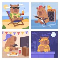 Cute Flat Capybara Activities Set vector