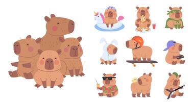 Cute Flat Capybara Icon Collection vector
