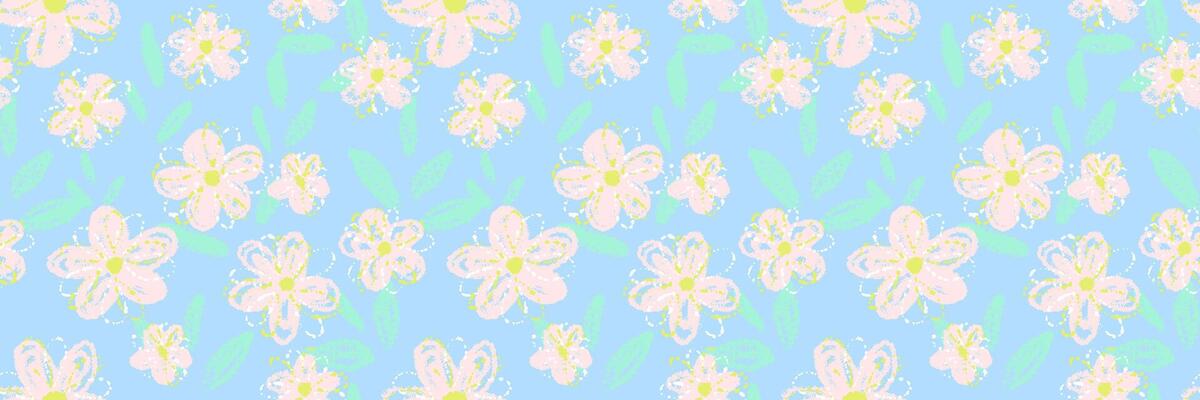 Seamless pattern with soft pastel flowers and mint green leaves on a light blue background. Hand drawn crayon texture gives a dreamy, childish and fresh springtime feel