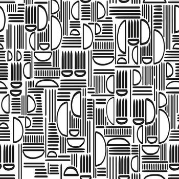 Seamless geometric pattern with hand drawn shapes and lines. Modern tribal style in white and black. Template for textile, wrapping paper, stationery, backgrounds, and decor vector