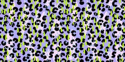 Stylish seamless pattern with abstract leopard spots and green raindrop shapes on violet, purple background. Bold and playful design for fashion and modern textile prints vector