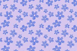 Seamless floral pattern with playful blue crayon style flowers on a pastel purple, violet background. Fun, cheerful, and artistic design for kids products, fabrics, and stationery vector