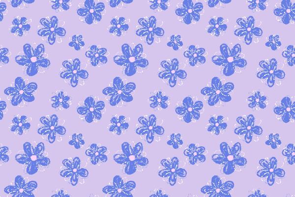 Seamless floral pattern with playful blue crayon style flowers on a pastel purple, violet background. Fun, cheerful, and artistic design for kids products, fabrics, and stationery