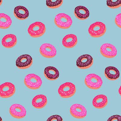 Seamless pattern with colorful donuts on a blue background. Fun and playful design perfect for packaging, kids' products, textiles, party decor, and sweet-themed branding.