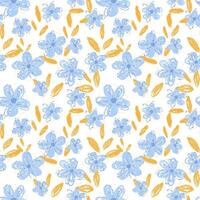 Seamless pattern with light blue crayon style flowers and yellow leaves on a light background. Playful and soft design for kids, textiles, wrapping paper, summer and spring themes vector