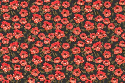 Seamless pattern of red hand painted flowers with green leaves on black background. Artistic floral design with bold watercolor texture. Template for textiles, prints, and surface design vector