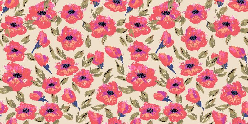 Seamless floral pattern with bright orange flowers and green leaves on a beige background. Artistic brush stroke style template for textiles, packaging, summer and spring designs