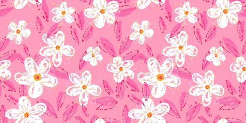 Seamless floral pattern featuring white abstract daisy like flowers with textured brush strokes on a vivid pink background. Template for textiles, wallpapers, packaging, and kids decor
