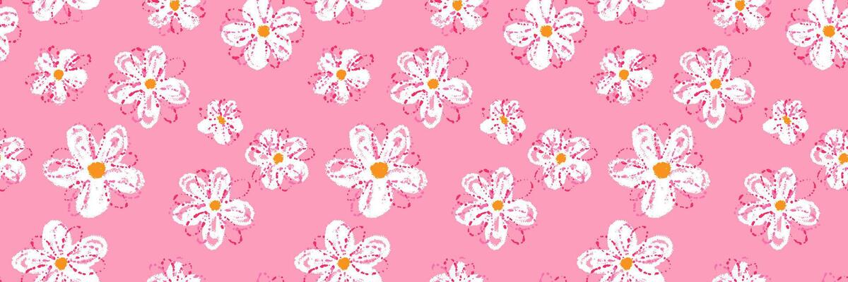 Seamless pattern with sketchy white daisies and yellow centers on a vibrant pink background. Playful and cheerful design for children s products, stationery, summer and spring themes