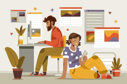 Blogger Working Hand Drawn Flat Background vector