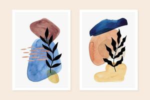 Hand apinted watercolor art posters set. Minimalist abstract wall art poster design. Mid century covers with watercolor paint stains and leaves. vector
