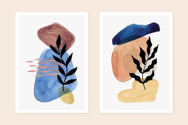 Hand apinted watercolor art posters set. Minimalist abstract wall art poster design. Mid century covers with watercolor paint stains and leaves.