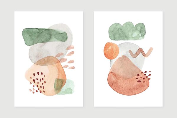 Minimalist watercolor shapes art posters set. Modern wall art poster design. Mid century covers with watercolor paint stains and leaves.