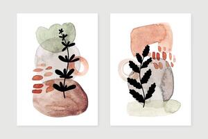 Abstract watercolor art posters set. Minimalist modern wall art poster design. Mid century covers with watercolor paint stains and leaves. vector