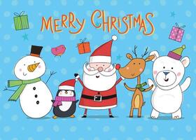 Christmas card with santa, reindeer, penguin and snowman vector