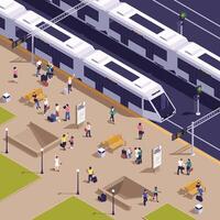 Urban tram station with many passengers vector