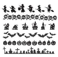 Halloween Silhouette Borders Collection, Witch, Pumpkin, Skull, Bat, Graveyard, Haunted House vector