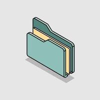 Isometric view of a teal and yellow folder with documents inside on a light gray background vector