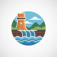 Stylized illustration of a hydroelectric power plant with cascading water and mountains vector