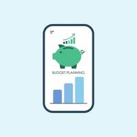 Green piggy bank with rising bar graph and budget planning text on phone screen vector