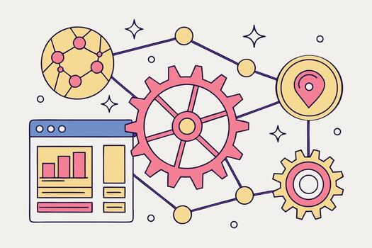 un vistoso ilustración de un web página con engranajes y otro artículos vector