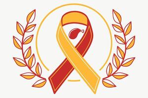 A red and yellow ribbon with leaves around it vector