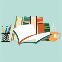 Books set in flat design style, Flat design illustration with hot tea cup vector