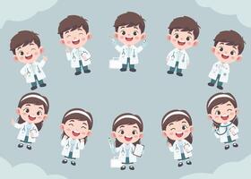 Collection of doctor activities. Flat Design illustration of cute chibi character female and male doctor vector