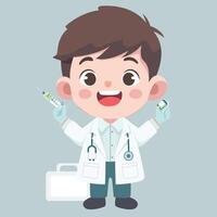 Doctor activities. Flat design illustration of cute chibi character with medicine injection and first aid vector