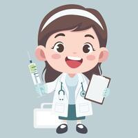 Doctor activities. Flat design illustration of cute chibi character female doctor with medicine injection vector