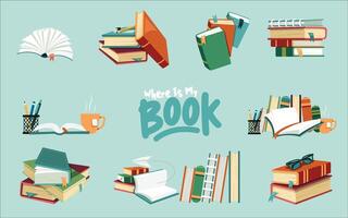 Set flat open and close books, library piles and stacks. Novel book with bookmark. Textbooks for reading and education. Literature set. Academic educational books for school or college vector