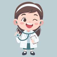 Doctor activities. Flat design illustration of cute chibi character female doctor with stethoscope vector