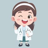 Doctor activities. Flat design illustration of cute chibi character female doctor is comforting the patient vector