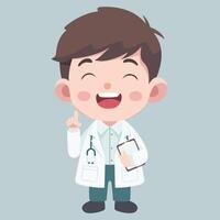 Doctor activities. Flat design illustration of cute chibi character male doctor bring good news to patients vector