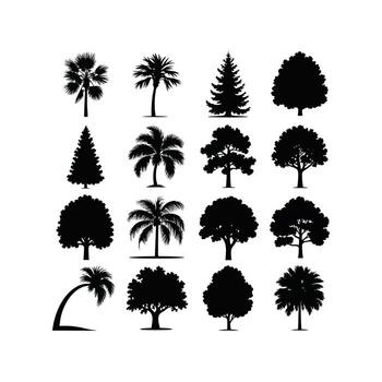 a set of silhouettes of palm trees and trees vector