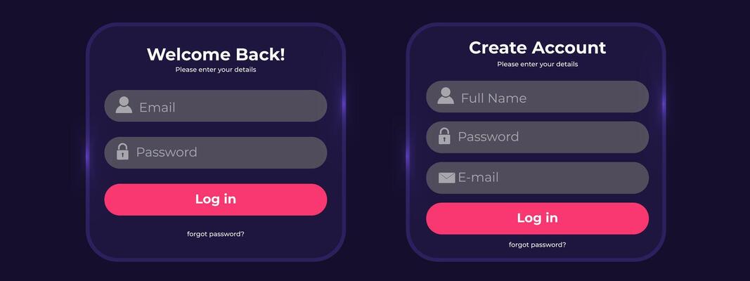 Register and login page layout with email and password fields. Registration and authorization form design. Simple and modern sign up and sign up
