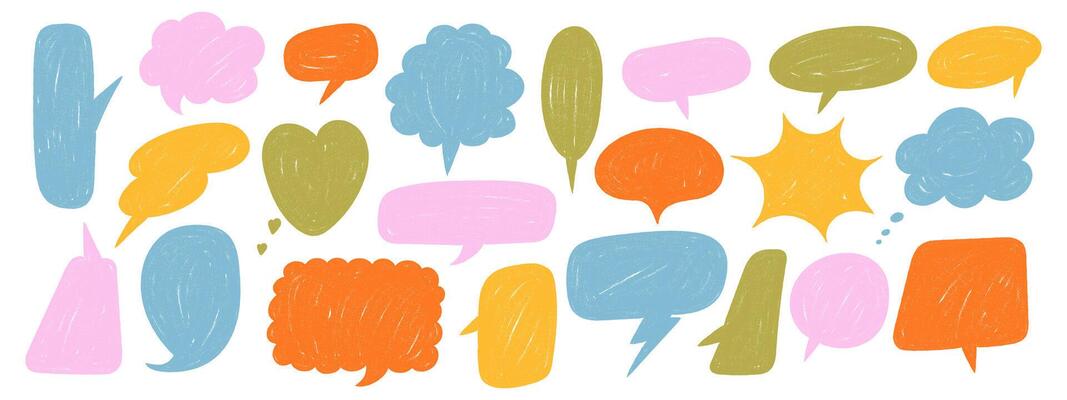 Hand drawn crayon speech bubbles set. Colorful doodle style comic talk balloons. cartoon dialog frames isolated on white background