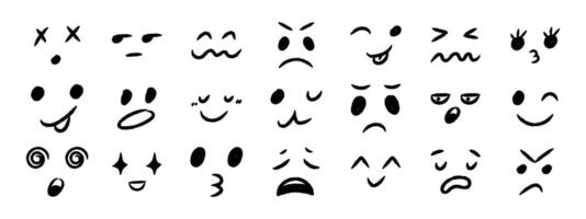 Crayon doodle emoji faces set. Hand drawn cartoon emoticons with various happy, sad, and funny expressions vector