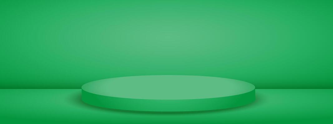 Green studio room with podium stage. Limbo light background. Abstract 3d bg with empty space for advertising text.