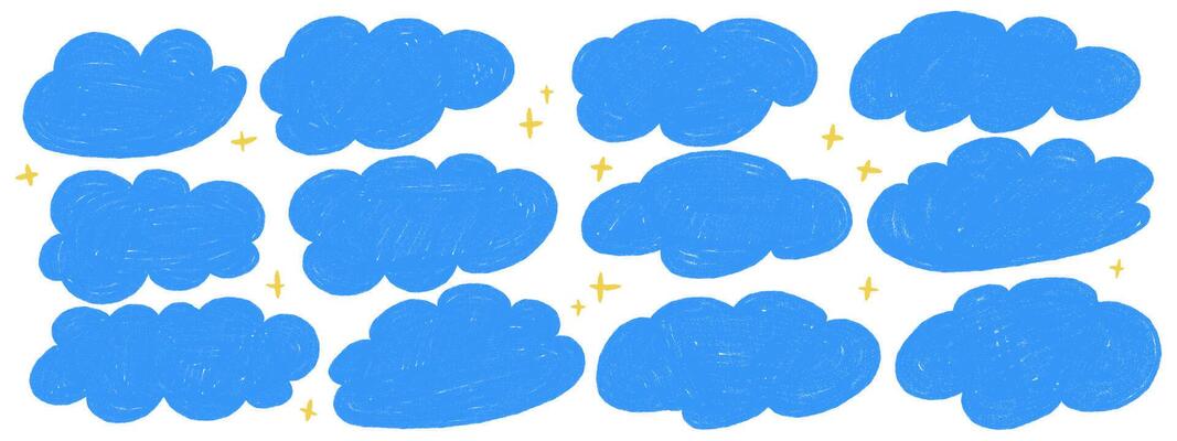 Cute pastel pencil blue clouds with yellow stars. Childish crayon doodle sky elements.