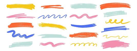 Hand drawn colorful chalk underline and swirl lines. Crayon brush strokes, wavy and spiral scrawls. vector