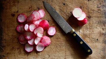 Sliced Radish Arranged Neatly on a Wooden Surface Beside a Sharp Knife Ready for Cooking photo