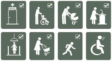 Collection of eight white pictograms on a muted green background depicting various activities and facilities vector